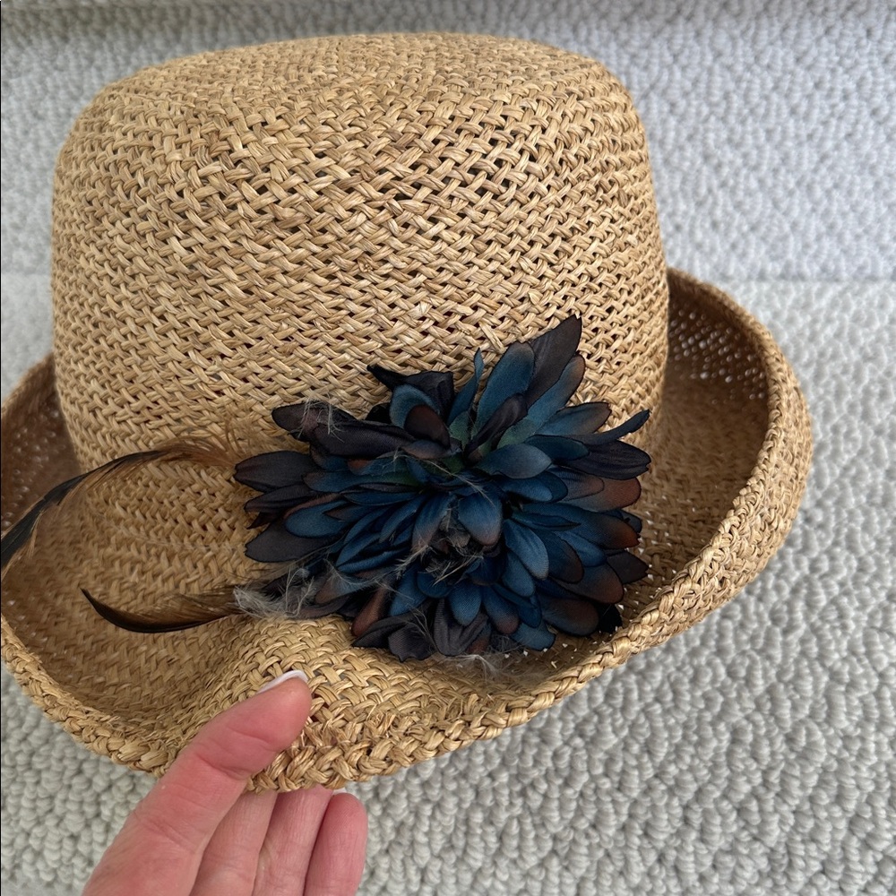 Importina Straw Hat with Brown Blue Flower Accent - Picture 5 of 11